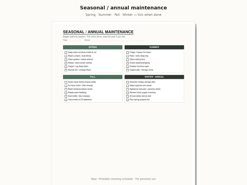 May include: A white printable seasonal and annual maintenance checklist with dark green headers for Spring, Summer, Fall, and Winter. The document features checkboxes for tasks like deep cleaning windows, checking gutters, and servicing AC units for home upkeep.