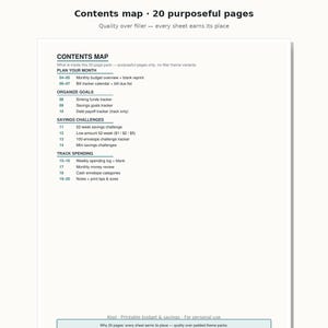 May include: A white document titled Contents Map with 20 purposeful pages. The text lists sections for Plan Your Month, Organize Goals, Savings Challenges, and Track Spending, detailing specific trackers for budgets, bills, debt, and savings goals.