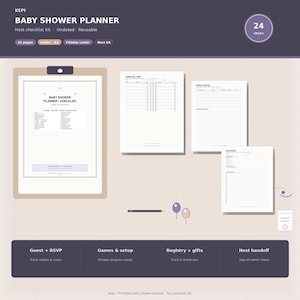May include: A 24-page baby shower planner kit featuring a checklist, guest list, RSVP tracker, games and activities sheet, and a gift registry. The printable documents are displayed on a clipboard with a pen and two balloon icons.