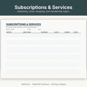 May include: A white printable Subscriptions & Services tracker sheet with black text. The header reads Subscriptions & Services, Streaming, cloud, shopping, and membership logins. It includes columns for Service, Login/Email, Password, Plan/$, Renews, and Notes.