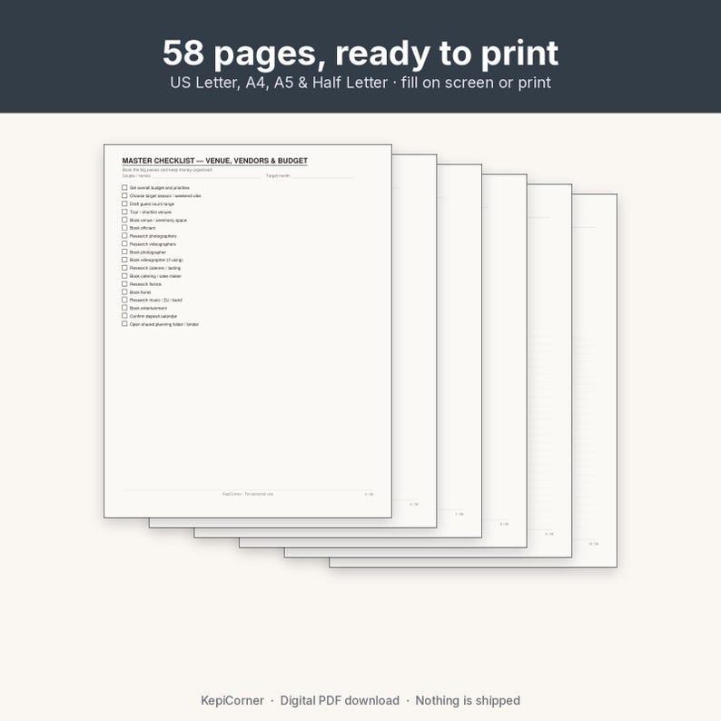 Wedding Planning Checklist Printable Binder | Undated Timeline Guest List Budget Vendor | Fillable PDF Letter A4 A5 image 6