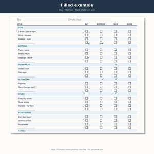 May include: A white travel packing checklist with blue headers and text. The document features categories like Tops, Bottoms, Outerwear, Sleepwear, Shoes, and Accessories, with columns for Buy, Borrow, Pack, and Done, including several checkmarks.