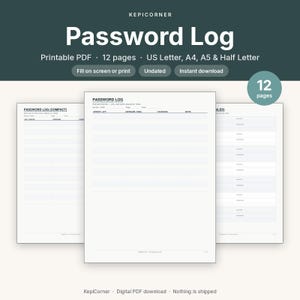 May include: A digital password log template in PDF format featuring 12 pages in US Letter, A4, A5, and Half Letter sizes. The document includes columns for website or app, username, email, password, and notes, with text labels in black ink.