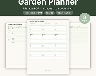 Garden Planner Printable | Planting Calendar Fillable PDF | Bed Layout Map Letter A4