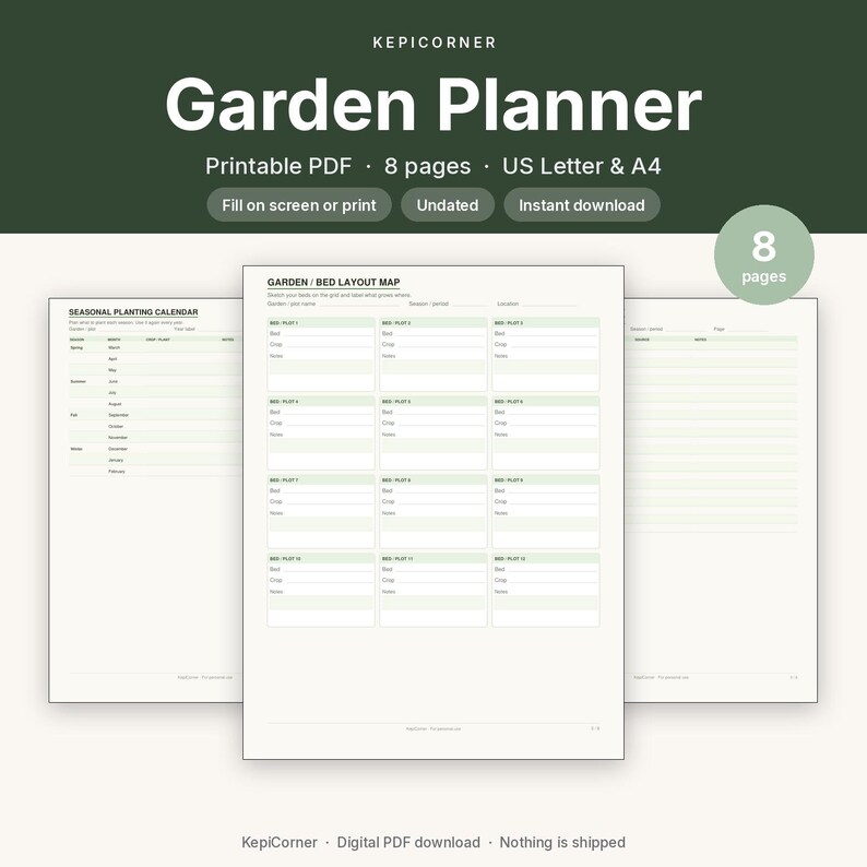 Garden Planner Printable | Planting Calendar Fillable PDF | Bed Layout Map Letter A4 image 1