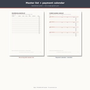 May include: A printable bill tracker featuring two white pages with black text. The left page is titled Recurring Bills Master List with columns for bill name, amount, date, total, status, account, and activity. The right page is a Payment Calendar Checklist.