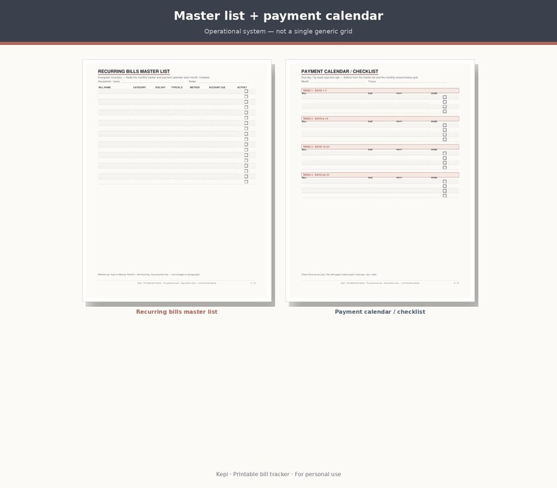 May include: A printable bill tracker featuring two white pages with black text. The left page is titled Recurring Bills Master List with columns for bill name, amount, date, total, status, account, and activity. The right page is a Payment Calendar Checklist.