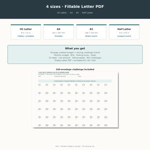 May include: A digital budget and savings tracker document featuring 4 sizes: US Letter 8.5 x 11 in, A4, A5, and Half Letter 5.5 x 8.5 in. Includes a 20-page undated budget, savings challenges, and a 100-envelope tracker with numbered checkboxes.