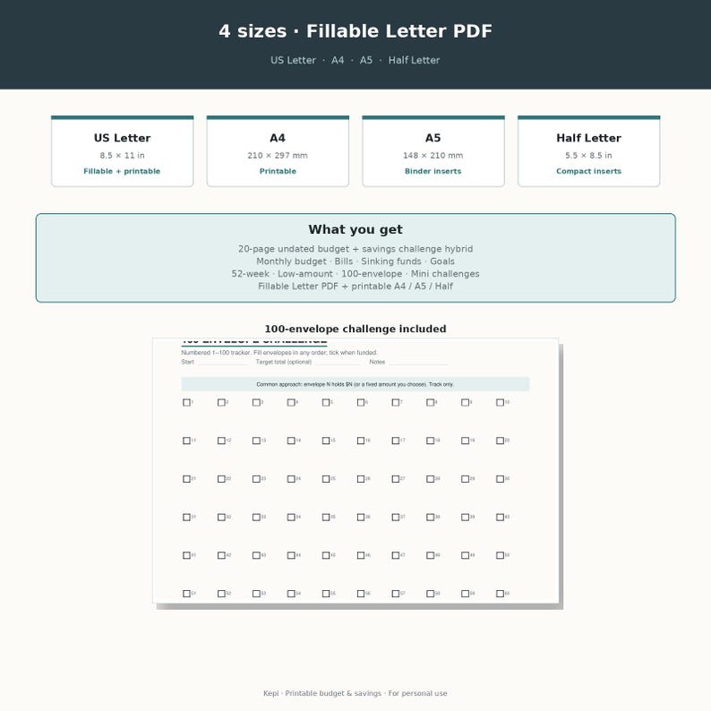 May include: A digital budget and savings tracker document featuring 4 sizes: US Letter 8.5 x 11 in, A4, A5, and Half Letter 5.5 x 8.5 in. Includes a 20-page undated budget, savings challenges, and a 100-envelope tracker with numbered checkboxes.