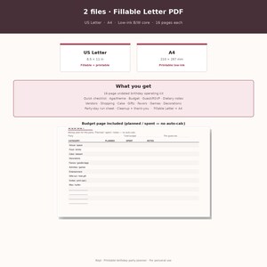 May include: A 16-page fillable birthday party planner PDF kit in US Letter and A4 sizes. Includes a budget page with columns for category, planned, spent, and notes, plus checklists for vendors, shopping, cake, gifts, favors, games, and decorations.