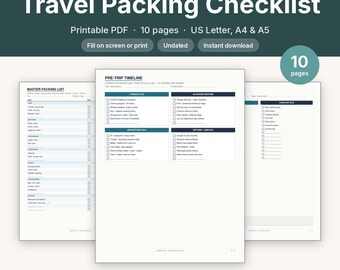 Travel Packing Checklist Printable | Undated Trip Prep Pack | Fillable PDF Letter A4 A5