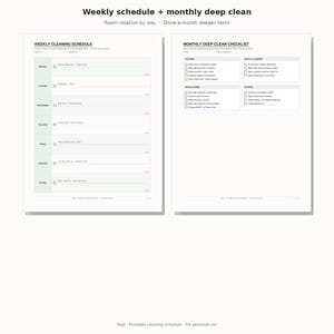 May include: A printable cleaning schedule document featuring a weekly cleaning schedule on the left and a monthly deep-clean checklist on the right. The layout includes sections for daily tasks, kitchen, bath, laundry, and extra home maintenance chores.