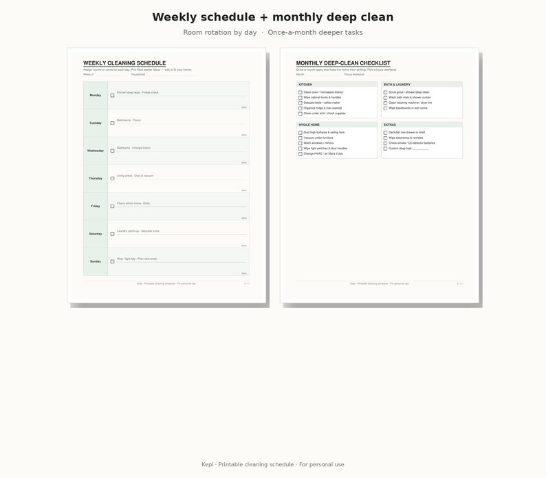 May include: A printable cleaning schedule document featuring a weekly cleaning schedule on the left and a monthly deep-clean checklist on the right. The layout includes sections for daily tasks, kitchen, bath, laundry, and extra home maintenance chores.