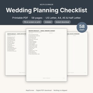 Wedding Planning Checklist Printable Binder | Undated Timeline Guest List Budget Vendor | Fillable PDF Letter A4 A5 image 1
