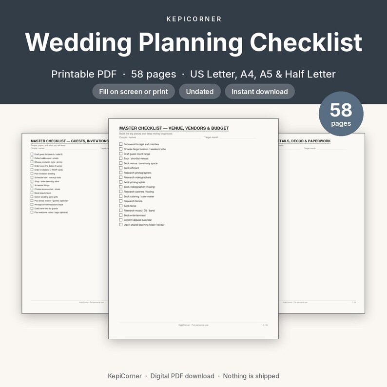 Wedding Planning Checklist Printable Binder | Undated Timeline Guest List Budget Vendor | Fillable PDF Letter A4 A5 image 1