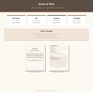 May include: A digital pet care log template featuring two document previews, one labeled Pet Care Log and the other How-to sitter handoff. The layout includes specifications for US Letter 8.5 x 11 inch and A4 sizes, 8 pages, and fillable PDF formats.