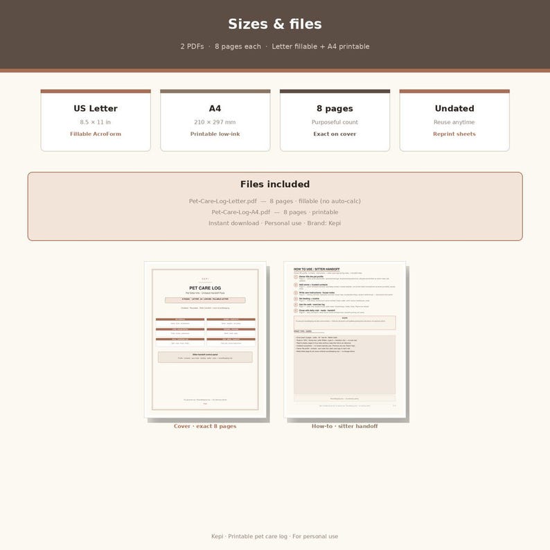 May include: A digital pet care log template featuring two document previews, one labeled Pet Care Log and the other How-to sitter handoff. The layout includes specifications for US Letter 8.5 x 11 inch and A4 sizes, 8 pages, and fillable PDF formats.