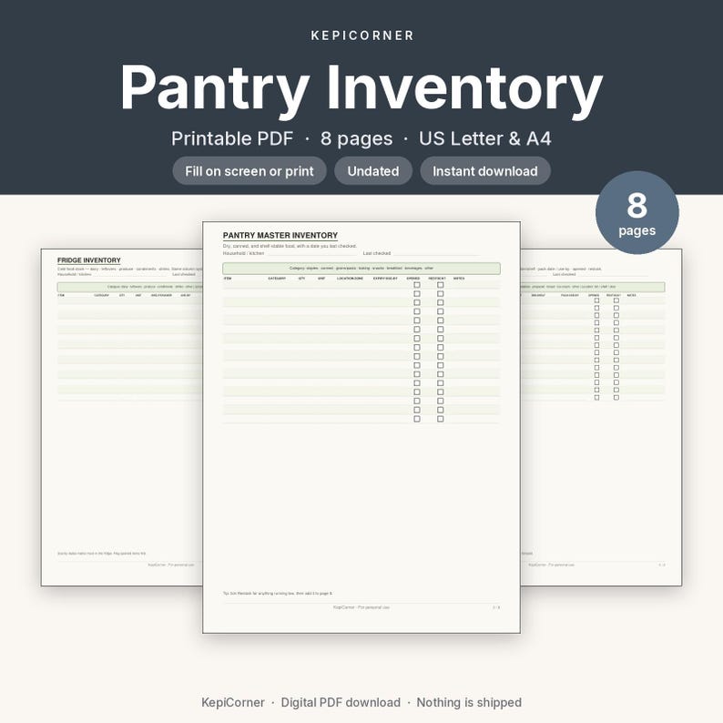 Pantry Inventory Checklist Printable | Kitchen Fridge Freezer Spice | Fillable PDF Letter A4 image 1