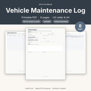 Vehicle Maintenance Log Printable | Car Service Tracker Oil Mileage | Fillable PDF Letter A4 image 1