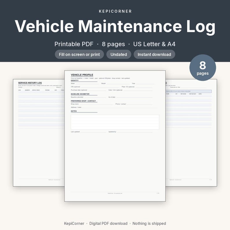 Vehicle Maintenance Log Printable | Car Service Tracker Oil Mileage | Fillable PDF Letter A4 image 1