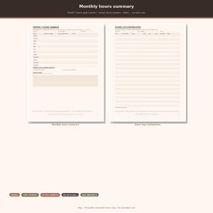 May include: A printable volunteer hours log featuring two pages: a Monthly Hours Summary with rows for each month and a Hours Log Continuation with columns for date, program, activity, start, end, and total hours. The layout is clean and organized.