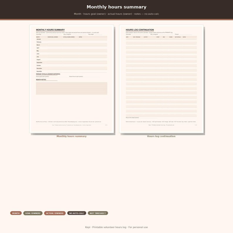 May include: A printable volunteer hours log featuring two pages: a Monthly Hours Summary with rows for each month and a Hours Log Continuation with columns for date, program, activity, start, end, and total hours. The layout is clean and organized.