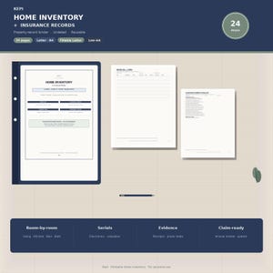 May include: A digital home inventory and insurance record binder set featuring 24 pages in Letter and A4 sizes. The set includes a cover page titled Home Inventory, a room log sheet, and a claim-ready summary checklist with a dark blue and white design.