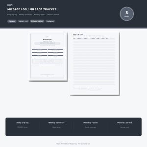 May include: A digital mileage log and tracker template featuring two white pages with black text. The left page shows a summary layout, while the right page displays a daily trip log with lined rows. The design includes headers for daily trip, weekly summary, monthly report, and vehicle period.