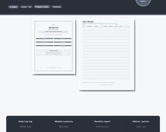 Mileage Log Printable | Trip Mileage Tracker Fillable PDF | Letter A4