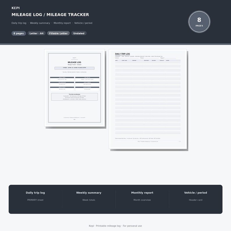 May include: A digital mileage log and tracker template featuring two white pages with black text. The left page shows a summary layout, while the right page displays a daily trip log with lined rows. The design includes headers for daily trip, weekly summary, monthly report, and vehicle period.