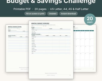 Budget & Savings Challenge Printable Pack | Undated Monthly Budget Bill Tracker | Fillable PDF Letter A4 A5