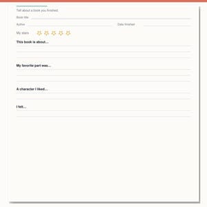 May include: A white book review and reflection sheet with a coral header containing the text Book review / reflection, Favorite part, draw, would I recommend. The form includes fields for book title, author, date finished, and a five-star rating.