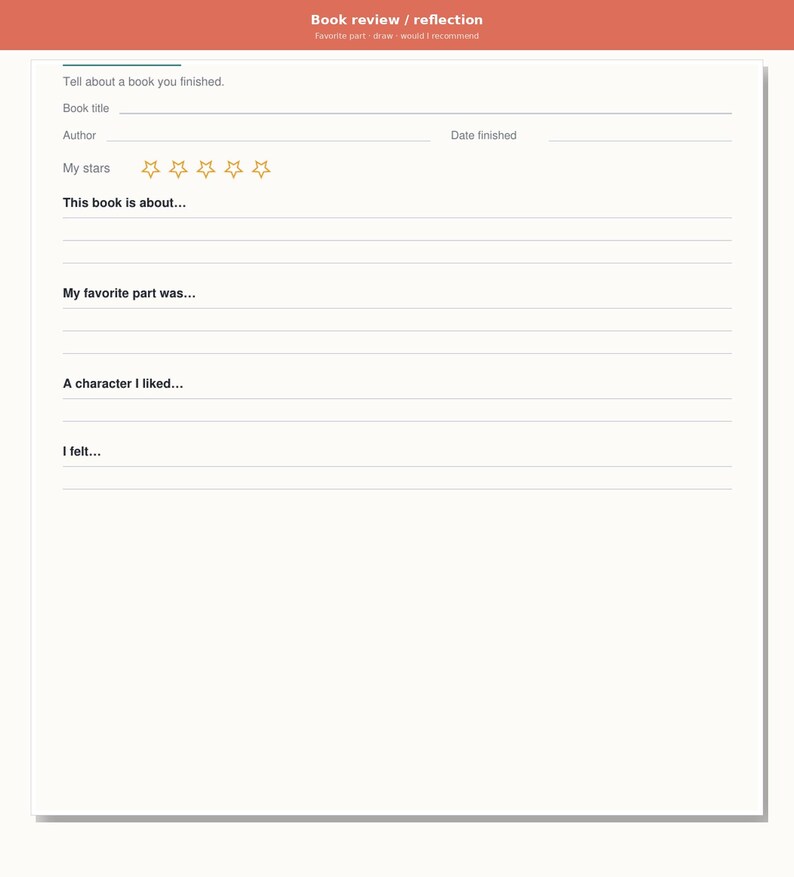 May include: A white book review and reflection sheet with a coral header containing the text Book review / reflection, Favorite part, draw, would I recommend. The form includes fields for book title, author, date finished, and a five-star rating.