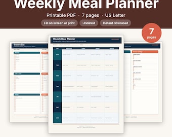 Weekly Meal Planner Printable + Grocery List Kit | Meal Prep Planner PDF | US Letter Instant Download