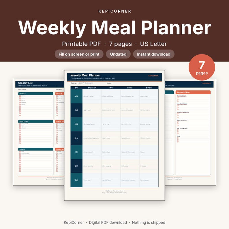 Weekly Meal Planner Printable + Grocery List Kit | Meal Prep Planner PDF | US Letter Instant Download image 1
