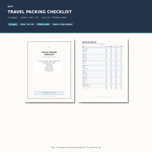 May include: A digital travel packing checklist template featuring a title page and a master packing list page with checkboxes. The text includes Travel Packing Checklist, Master Packing List, and various categories like Tops, Bottoms, and Accessories.