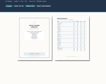 Travel Packing Checklist Printable | Undated Trip Prep Pack | Fillable PDF Letter A4 A5