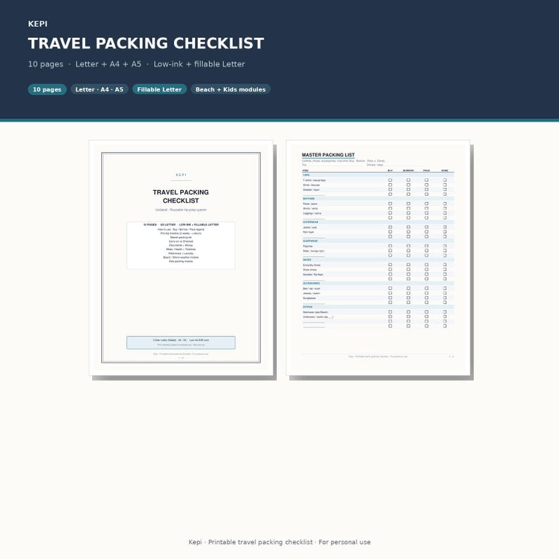 May include: A digital travel packing checklist template featuring a title page and a master packing list page with checkboxes. The text includes Travel Packing Checklist, Master Packing List, and various categories like Tops, Bottoms, and Accessories.