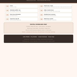 May include: A digital PDF volunteer hours log template by Kepi, featuring eight distinct sections including a cover, volunteer profile, daily session hours, monthly summary, and supervisor sign-off. This printable document is available in Letter and A4 sizes.
