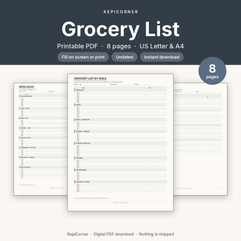 Grocery List Printable | Shopping List Pad Fillable PDF | Categorized Checklist Letter A4 image 1