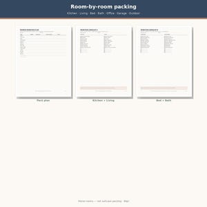May include: Three white printable pages titled Room-by-room packing, Room pack checklist A, and Room pack checklist B. The documents feature organized columns and rows for tracking items in various home areas like the kitchen, living, bed, and bath.