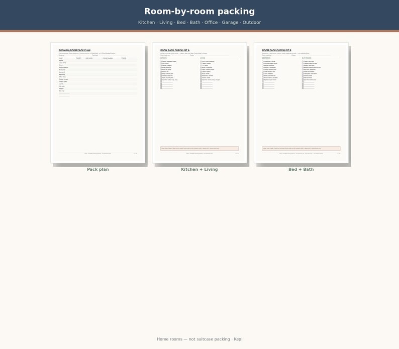 May include: Three white printable pages titled Room-by-room packing, Room pack checklist A, and Room pack checklist B. The documents feature organized columns and rows for tracking items in various home areas like the kitchen, living, bed, and bath.