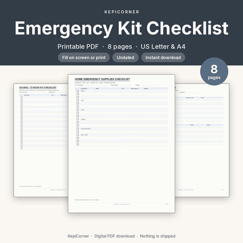 Emergency Kit Checklist Printable | Go-Bag Preparedness Fillable PDF | Home Supplies Letter A4 image 1