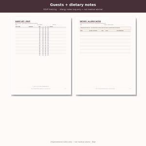 May include: Two white printable planner pages with dark text. The left page is titled Guest List + RSVP with columns for names, attendance, and contact. The right page is titled Dietary / Allergy Notes with columns for guest, allergy, and meal.