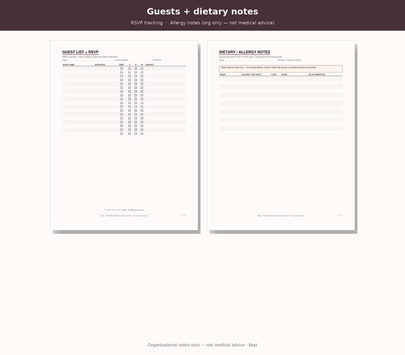 May include: Two white printable planner pages with dark text. The left page is titled Guest List + RSVP with columns for names, attendance, and contact. The right page is titled Dietary / Allergy Notes with columns for guest, allergy, and meal.