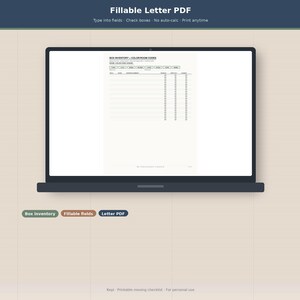 May include: A laptop screen displaying a fillable PDF document titled Box Inventory and Color Room Codes. The document features a table with columns for date, item, contents, and checkboxes. Below the laptop are three labels: Box inventory, Fillable fields, and Letter PDF.