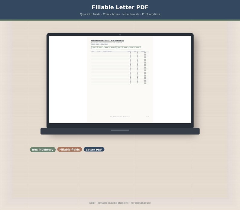 May include: A laptop screen displaying a fillable PDF document titled Box Inventory and Color Room Codes. The document features a table with columns for date, item, contents, and checkboxes. Below the laptop are three labels: Box inventory, Fillable fields, and Letter PDF.