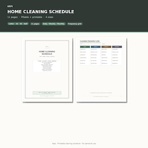 May include: A digital home cleaning schedule template set featuring 11 pages in 4 sizes. The document includes a cover page titled HOME CLEANING SCHEDULE and a cleaning frequency grid with daily, weekly, monthly, and seasonal task checklists.