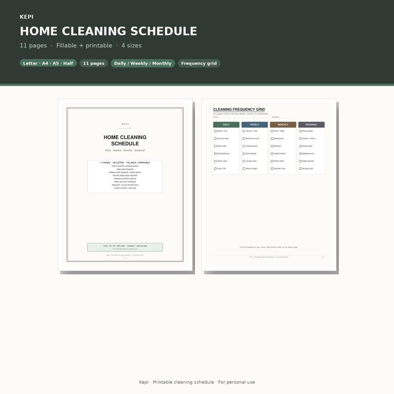 May include: A digital home cleaning schedule template set featuring 11 pages in 4 sizes. The document includes a cover page titled HOME CLEANING SCHEDULE and a cleaning frequency grid with daily, weekly, monthly, and seasonal task checklists.