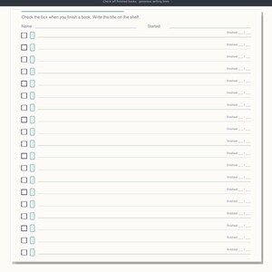 May include: A white paper reading log titled Bookshelf books I finished. It features a header with Name and Started fields, followed by twenty rows with checkboxes, small book icons, horizontal writing lines, and a finished date section.